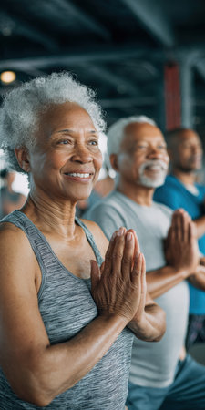 Senior african american woman practicing yoga with a diverse group, enjoying mindful movement and balanced wellness in a friendly studio class focused on health and vitalityの素材