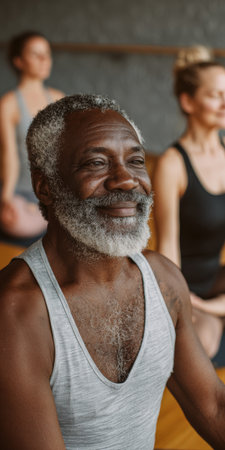 Senior black man smiling with eyes closed while meditating in a group yoga class, finding calm, balance and wellness through mindful breathing and gentle practice in a studioの素材