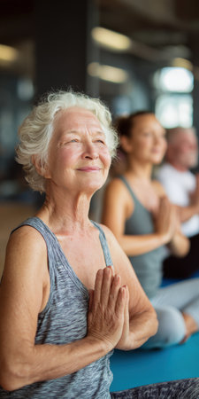 Senior woman seated in namaste pose with eyes closed and serene smile, practicing mindfulness and gentle yoga in a group class for wellness, balance, and inner peaceの素材