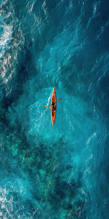 Kayaker paddling through clear turquoise ocean from above, a solitary summer adventure capturing tranquil open water, rippled surface and sense of freedom on a travel outingの素材