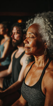 Senior woman practicing mindful meditation in a group yoga class, sitting in calm stillness and focused breathing to cultivate inner peace, balance, and wellnessの素材