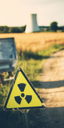 Radiation warning sign foregrounded against blurred nuclear cooling tower and crop field, juxtaposing energy production with environmental risk and agricultural impact on the horizonの素材