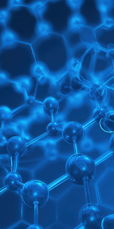Molecular structure illustrating scientific advancements and technological networks through interconnected atoms and bonds, presenting a dynamic background for innovation and researchの素材