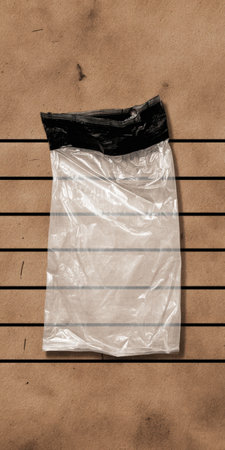 Empty crumpled clear plastic bag lying flat on a textured brown surface with horizontal black lines, illustrating themes of trash, packaging waste, plastic pollution, and environmental impactの素材