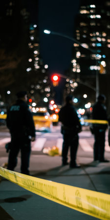 Police officers stand behind yellow crime scene tape blocking a city street at night, blurred street and building lights in the background signaling an active investigationの素材