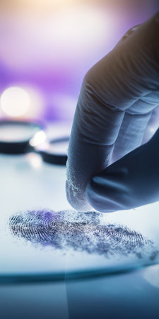 Forensic expert wearing a protective glove dusting a latent fingerprint with a brush, revealing unique patterns for investigation and identification in a sterile laboratory settingの素材