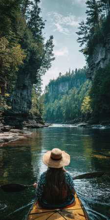Woman in a straw hat kayaking along a tranquil river, exploring a scenic gorge with rock cliffs and lush green forest creating a serene adventure in natureの素材