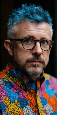 Mature man with striking blue hair and beard, wearing glasses and a colorful patterned shirt; confident, expressive headshot conveying modern, artistic individuality and style, close-upの素材