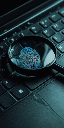 Magnifying glass highlighting a person's biometric fingerprint on a dark laptop keyboard, representing concepts of cyber security, data privacy, digital forensics, and personal identificationの素材