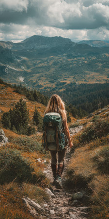 Woman with a backpack trekking on a rocky mountain path, exploring the beautiful wild nature and vast landscape, feeling freedom and solitude under a cloudy skyの素材