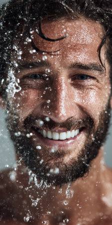Man with a beard and curly hair smiles broadly while clear water splashes over his wet face, conveying feelings of freshness, happiness, and rejuvenationの素材