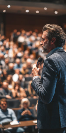 Man presenting to a large audience at a corporate event, holding a microphone while giving a public speech, engaging attendees and sharing knowledge during business conferenceの素材