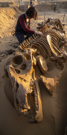 Paleontologist carefully examining and cleaning a massive ancient fossil skeleton of a prehistoric animal unearthed during an archaeological excavation in a sandy desert environmentの素材