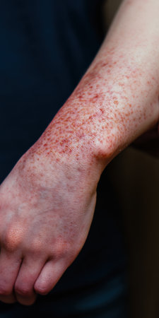 Human arm showing a severe red skin rash, irritation, and inflammation, indicating an allergic reaction or skin disease like eczema, signifying health issues and discomfortの素材