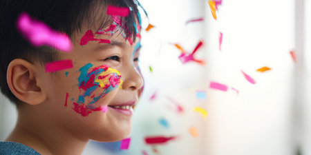 Young asian boy covered in colorful paint and smiling with pure joy as vibrant confetti falls around him during a playful indoor celebration or festival momentの素材