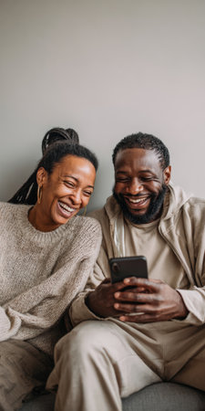 Cheerful black couple sharing a humorous moment while looking at a mobile phone screen, connecting and enjoying digital media together with genuine smilesの素材