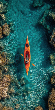 Person paddling an orange kayak through crystalline turquoise ocean beside rugged rock formations, sunlit tropical coastline offering serene adventure and island explorationの素材