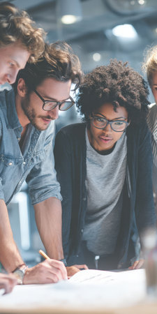 Collaborative team of professionals analyzing business plans and discussing ideas, demonstrating teamwork and dedication in a modern office environmentの素材