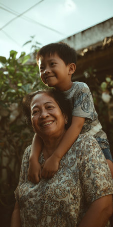 Happy asian grandmother smiling while carrying her grandson on piggyback, demonstrating an intergenerational bond and family love outdoors during a casual momentの素材