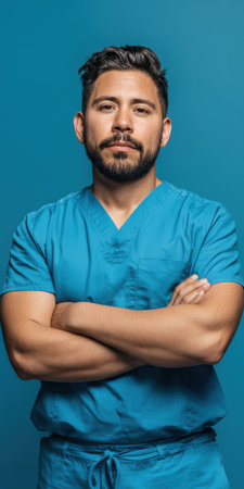 Male healthcare professional with a beard and medical scrubs posing with a serious expression and arms crossed in a vertical shot on a blue background, representing confidence and medical expertiseの素材