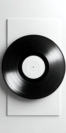Black vinyl record disk centered on an empty white rectangular card, featuring a blank white label, creating a minimalist concept image for music themes and analog audioの素材