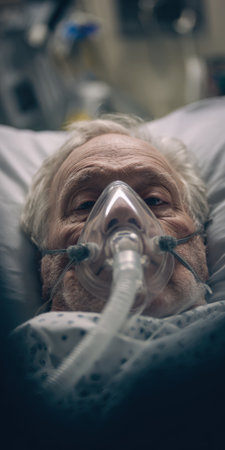 Elderly man lying in a hospital bed, breathing through an oxygen mask, symbolizing illness, critical care, and medical treatment in a healthcare settingの素材
