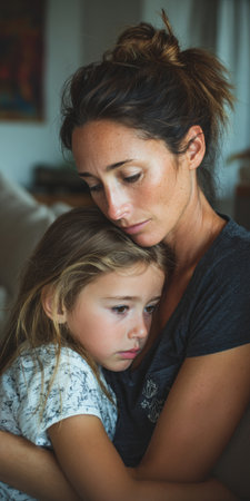 Mother tenderly comforting her distressed daughter, showing a strong bond of love, support, and empathy during a difficult, emotional moment, focusing on family connection and careの素材