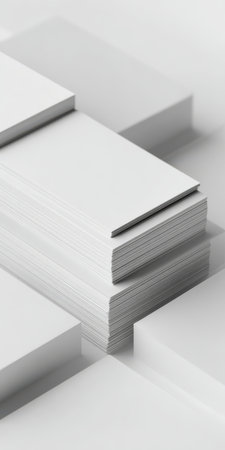 Business cards showcasing a blank white design on a minimal light grey background, ideal for corporate identity, professional branding, and stationery mockups with space for custom designの素材
