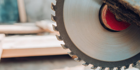 Circular saw blade spinning in close-up, teeth biting timber on a dusty workbench, capturing precision woodworking, carpentry skill and industrial power-tool actionの素材