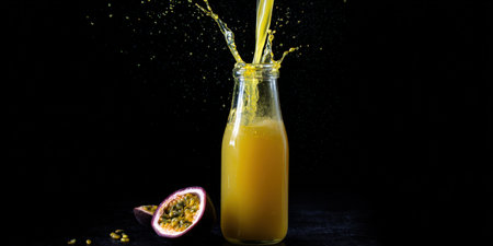 Passion fruit juice pouring into a glass bottle, creating a vivid splash against a dark background, with a halved passion fruit resting nearby, highlighting refreshing tropical beverageの素材