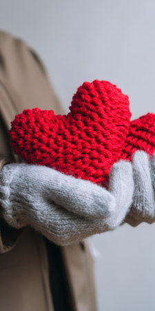 Person wearing a warm coat and cozy mittens gently holding a small red knitted heart, symbolizing love, care, and warmth during cold winter days or valentine's dayの素材