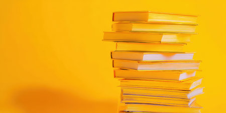 Stacked yellow books on a bright yellow background form textured layers symbolizing education, reading, knowledge and continuous learning with bold monochrome minimalismの素材