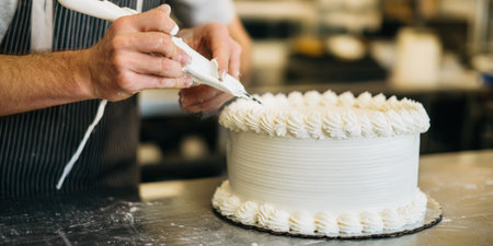 Pastry chef using an icing bag to meticulously decorate a round white cake with intricate frosting patterns, creating a beautiful dessert in a professional bakery kitchenの素材