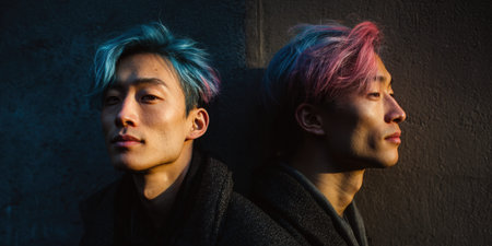 Asian man positioned back-to-back with two contrasting hairstyles-vibrant blue on one side, bright pink on the other-urban lighting highlights duality and self-identityの素材