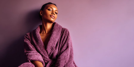 Young black woman in a soft purple bathrobe, relaxed and confident in a studio portrait emphasizing glowing skin, self-care, wellness, and tranquil beautyの素材