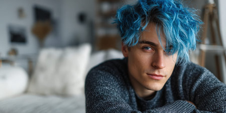 Young man with expressive blue hair and a gray knitted sweater looking directly at camera, portraying individuality and contemporary style in a relaxed indoor settingの素材