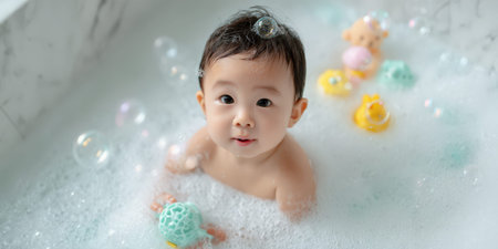 Cute infant with dark hair sitting in a bathtub full of white foam and bubbles, looking directly at the viewer while playing with colorful floating toys during bath timeの素材