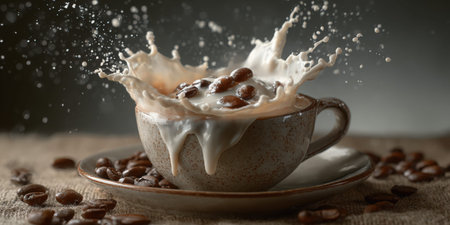 Coffee beans creating a dynamic splash in a rustic ceramic cup filled with creamy milk and hot espresso, surrounded by scattered coffee beans on a textured burlap surfaceの素材
