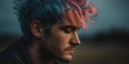 Young man with vibrant blue and pink hair stands outdoors, exhibiting a thoughtful and melancholic expression in a close-up side profile portrait, emphasizing individuality and deep emotionの素材