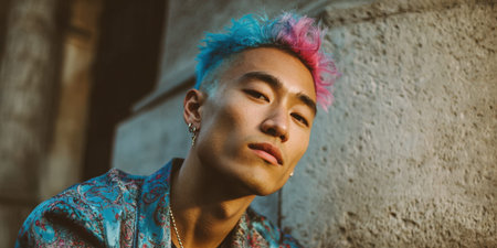 Asian man with unique pink and blue dyed hair expressing individuality and modern fashion style, standing confidently against an urban concrete wall outdoorsの素材