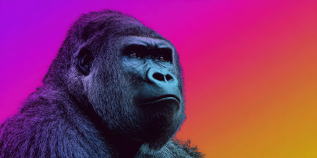 Gorilla head and shoulders portrait featuring stylized colors, blending digital art with wildlife and representing themes of power, strength, and individuality against a vivid gradient backgroundの素材