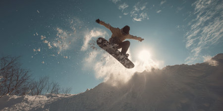 Snowboarder performs an aerial jump against a bright sun and blue sky, sending snow spray into the crisp winter air during an exciting outdoor extreme sports activityの素材
