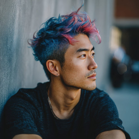 Young asian man with blue and pink dyed hair leans against an urban wall, looking away thoughtfully to showcase creative, modern street style and confident individual expressionの素材