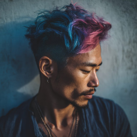 Asian man with contemporary blue and pink dyed hair, an undercut, and a goatee, standing in profile with eyes closed, expressing calm introspection and individual styleの素材
