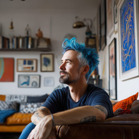 Man with vibrant blue hair and tattoos sitting on a couch, relaxing and looking away in a living room filled with framed artwork, representing creativity, individuality, and a contemporary lifestyleの素材