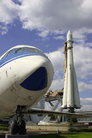 Airplane and rocket. All-russian exhibition centre in Moscow.