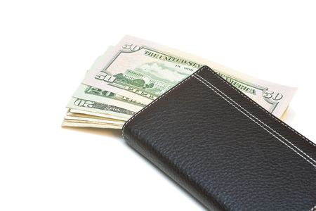 Purse with money isolated on a white background.の写真素材
