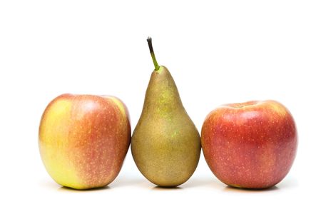 Two red-yellow apples and pear on a white background.の写真素材