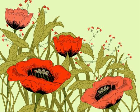 hand drawn fantasy poppies and leaves. のイラスト素材