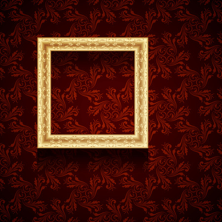 Vector golden picture frame on vintage grunge red wallpaper.のイラスト素材